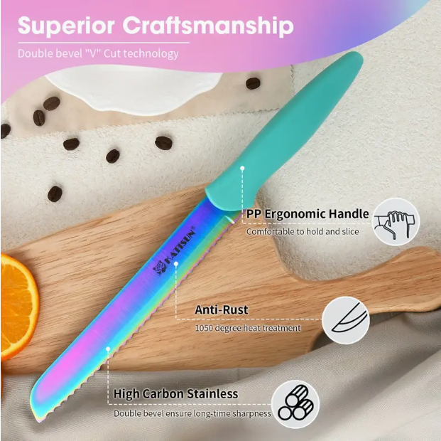 14-Piece Rainbow Colored High Carbon Stainless Steel Kitchen Knife Set, Titanium Coated Blade, Rust-Free & Super Sharp, Flatware Set With Wooden Stand & Kitchen Scissors, For Family & Restaurateurs 9