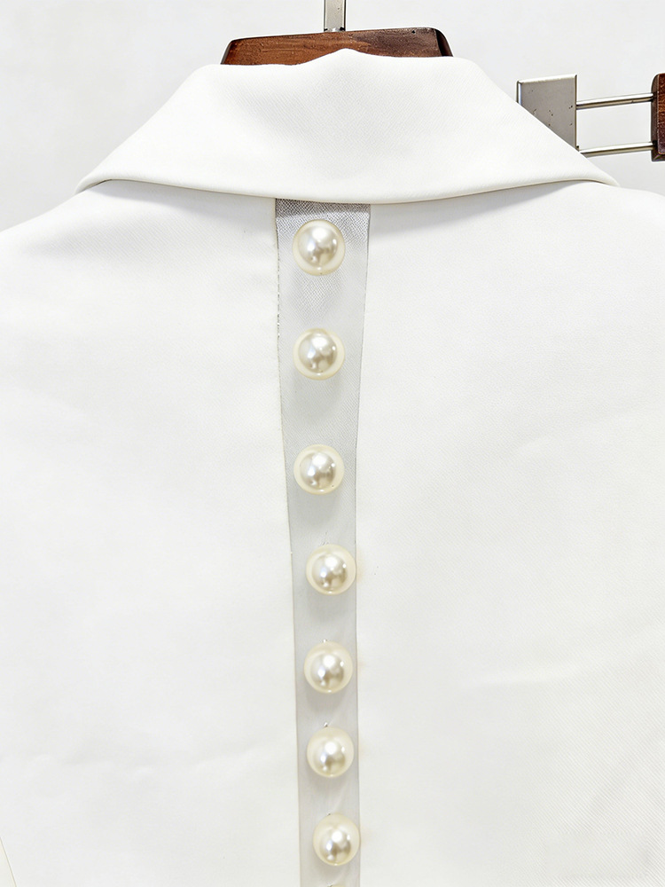 Pearl Embellished Peak Lapel Blazer & High Waist Full Flare Suit Trousers 2-Piece Set 3
