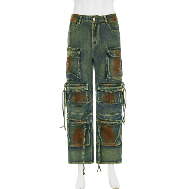 Washed Tie dyed Zipper Button Tight Irregular Outer Wear Denim Small Sling Green Trousers - Shop at LoveMi