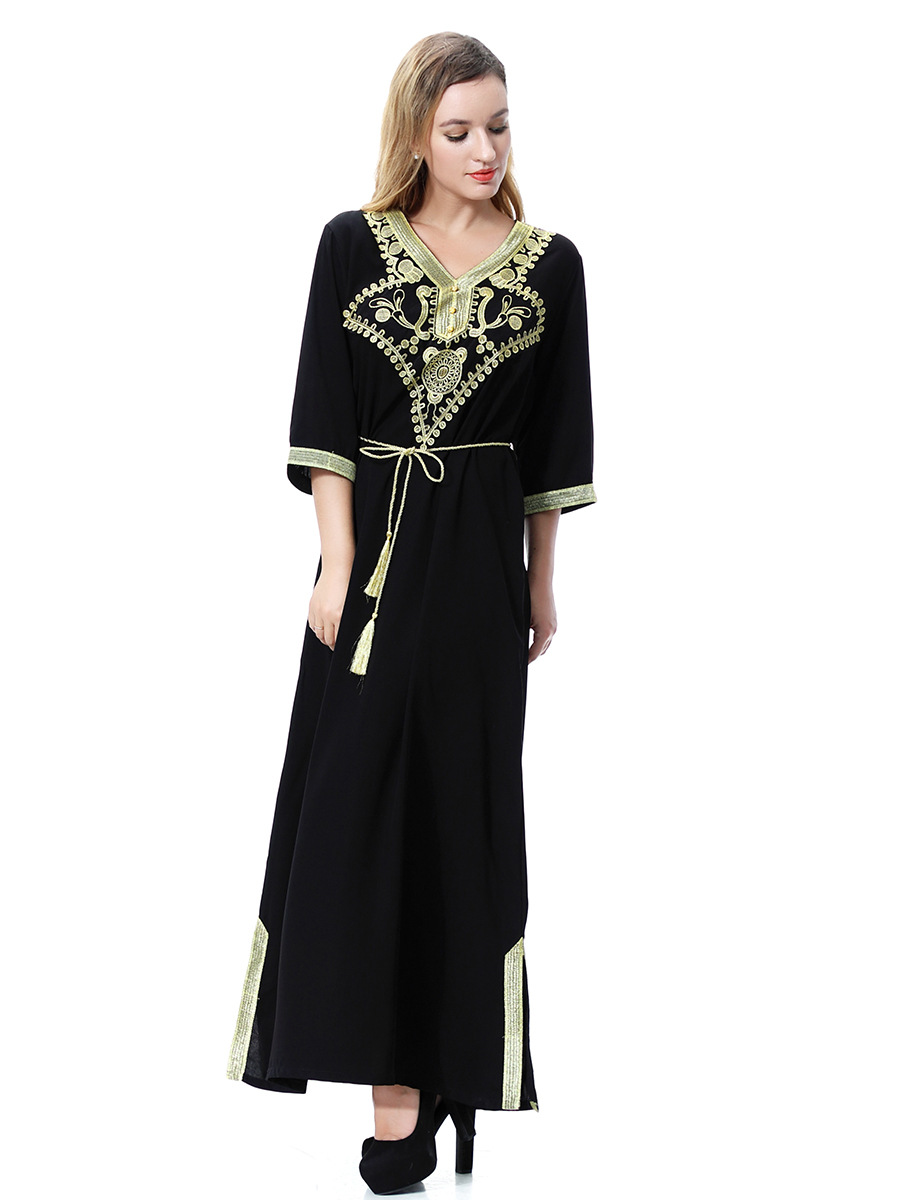 Shizuoji Linen Sleeve Golden Flower Robe Long Skirt Dress