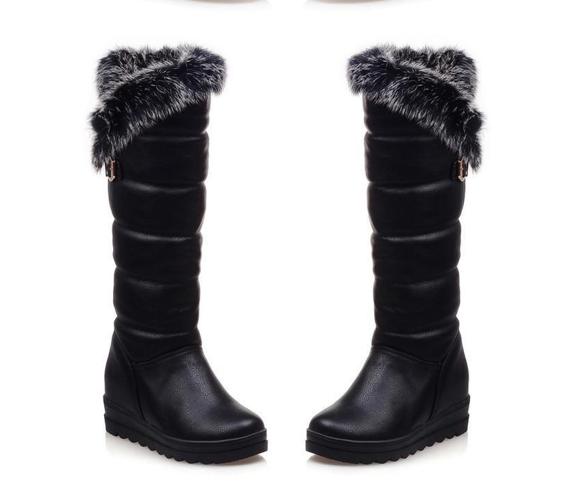 Metal Buckle Rabbit Fur Platform Flat Heel High Boots - Image 2