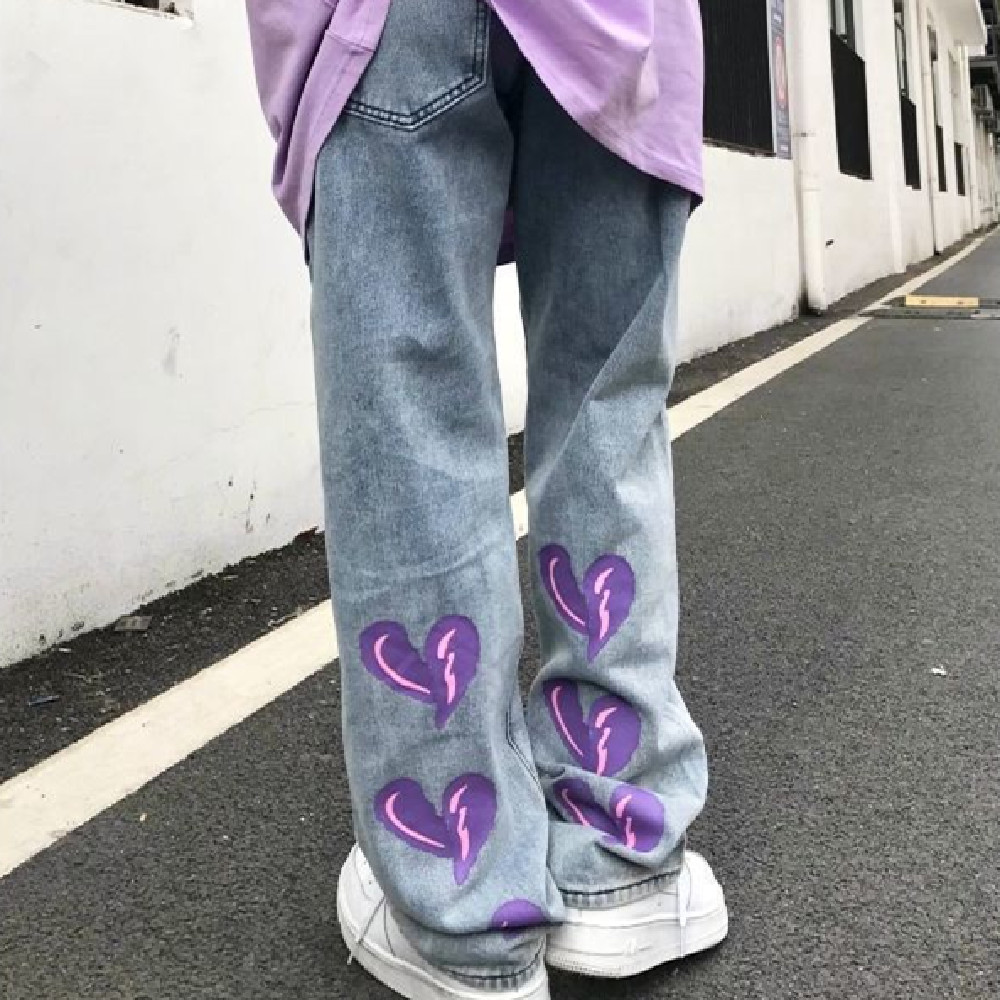 Fashion Design Heart Floral Print Jeans