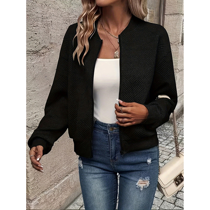 Womens Bomber Jacket Coat Casual Textured Stand Collar Zip Up Fall Fashion Jackets Outfits Black - Shop at LoveMi