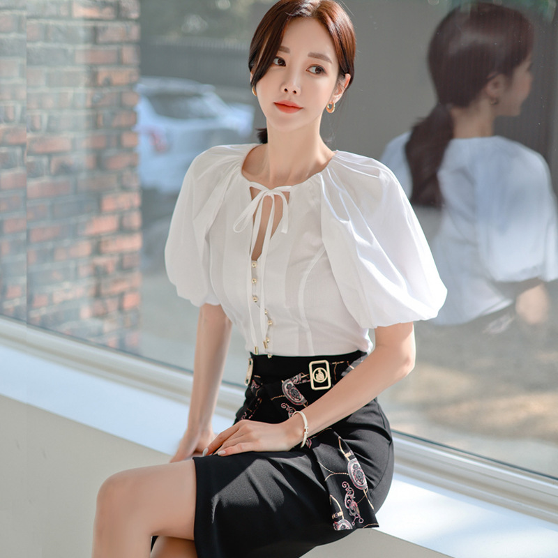 Temperament Puff Sleeve Shirt Lace Up High Waist Hip Skirt Two Piece Women's