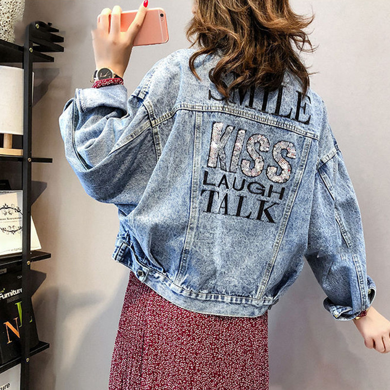Bat-sleeve Lettering Sequins Embroidered Loose Denim Jacket — image 1