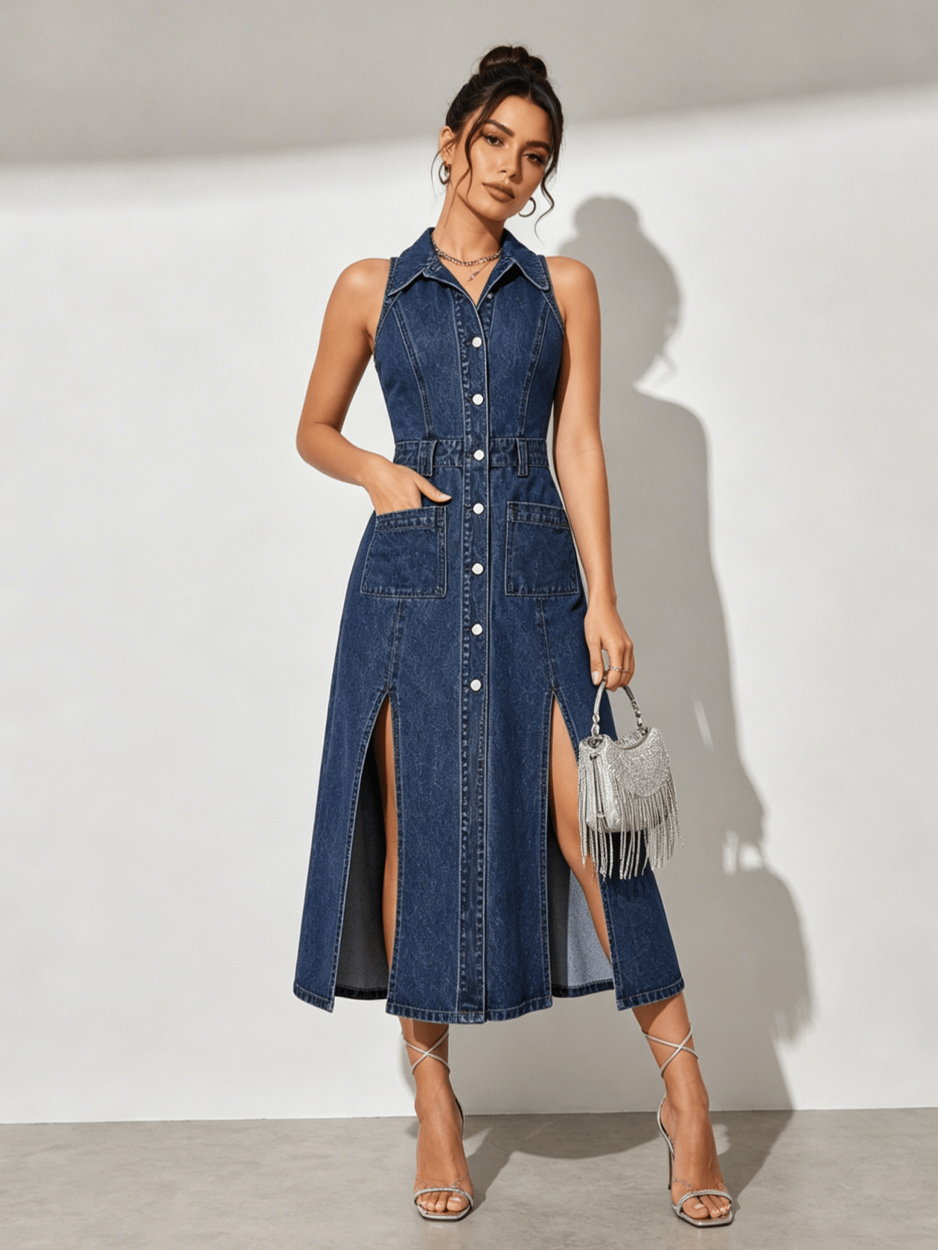 Retro washed denim midi dress full length view with slits