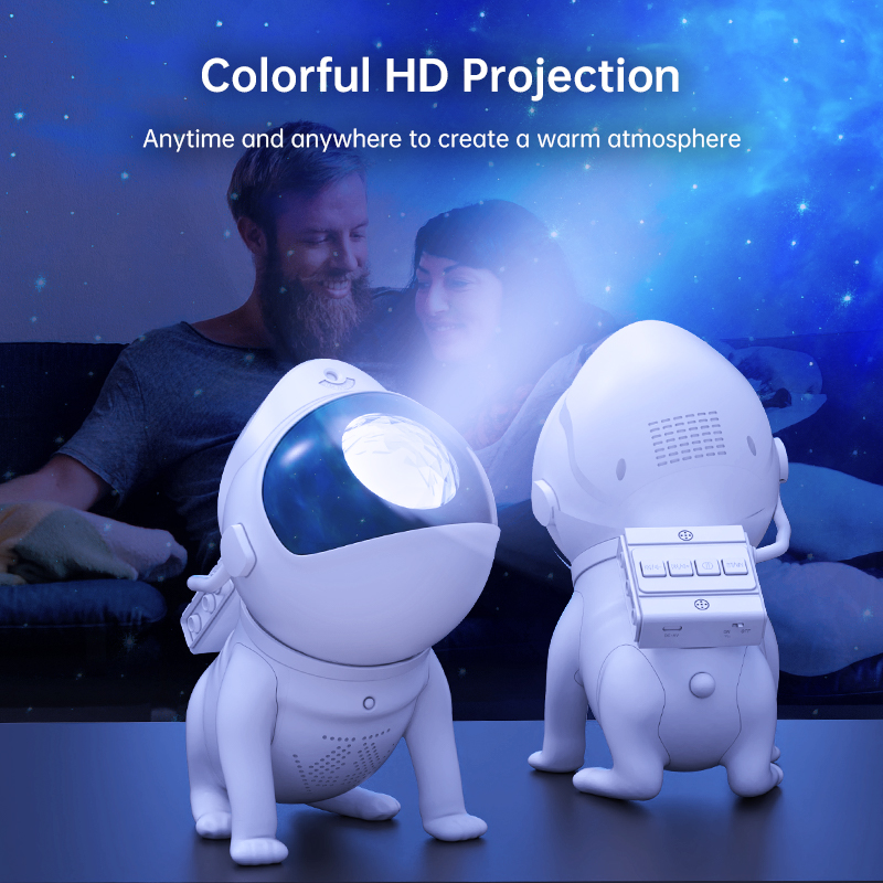 Space Dog Star Light White Beauty projector with adjustable settings and white noise options. Perfect for creating a cozy and romantic ambiance at home. Comes with remote control for easy adjustments and auto timer feature. Includes Bluetooth speaker for 