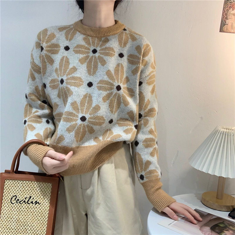 Retro Round Neck Pullover Sweater Short Sunflower Print Sweater