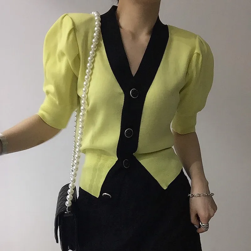 Single Breasted Casual Versatile Short Sleeve Knit Top - Yellow