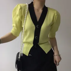 Single Breasted Casual Versatile Short Sleeve Knit Top - Yellow - View 1