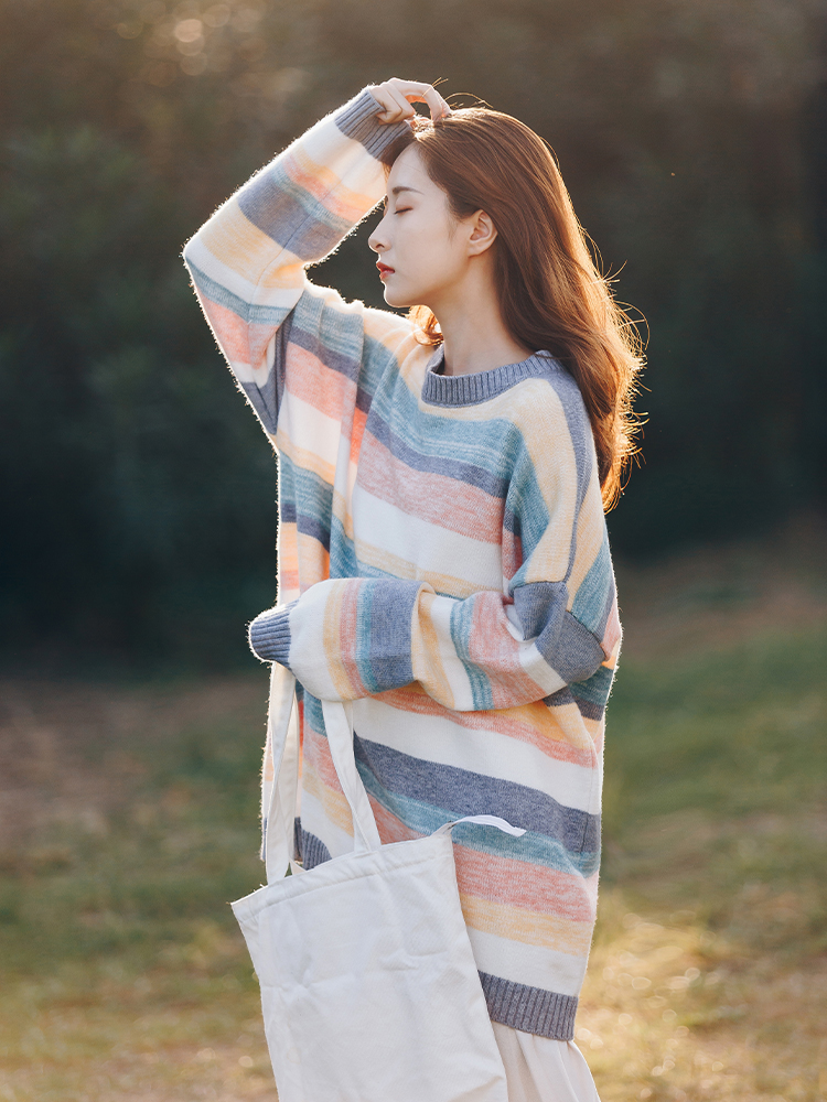 Knit Sweater Women's Mid-length Loose Round Neck Pullover Sweater