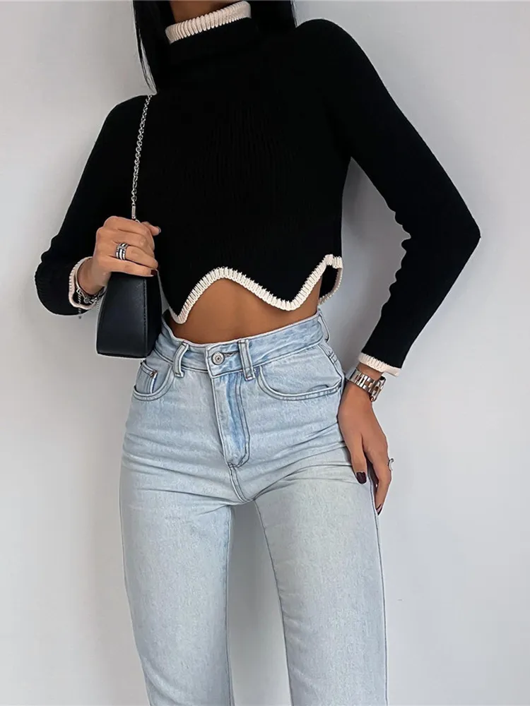 Long Sleeve High Neck Tight Knit Bottom Shirt - Black