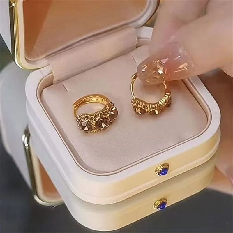 Light Luxury Vintage Maillard Coffee Full Rhinestone Click Hoop Earrings For Women, Niche Exquisite High-End Hoop Ear Jewelry