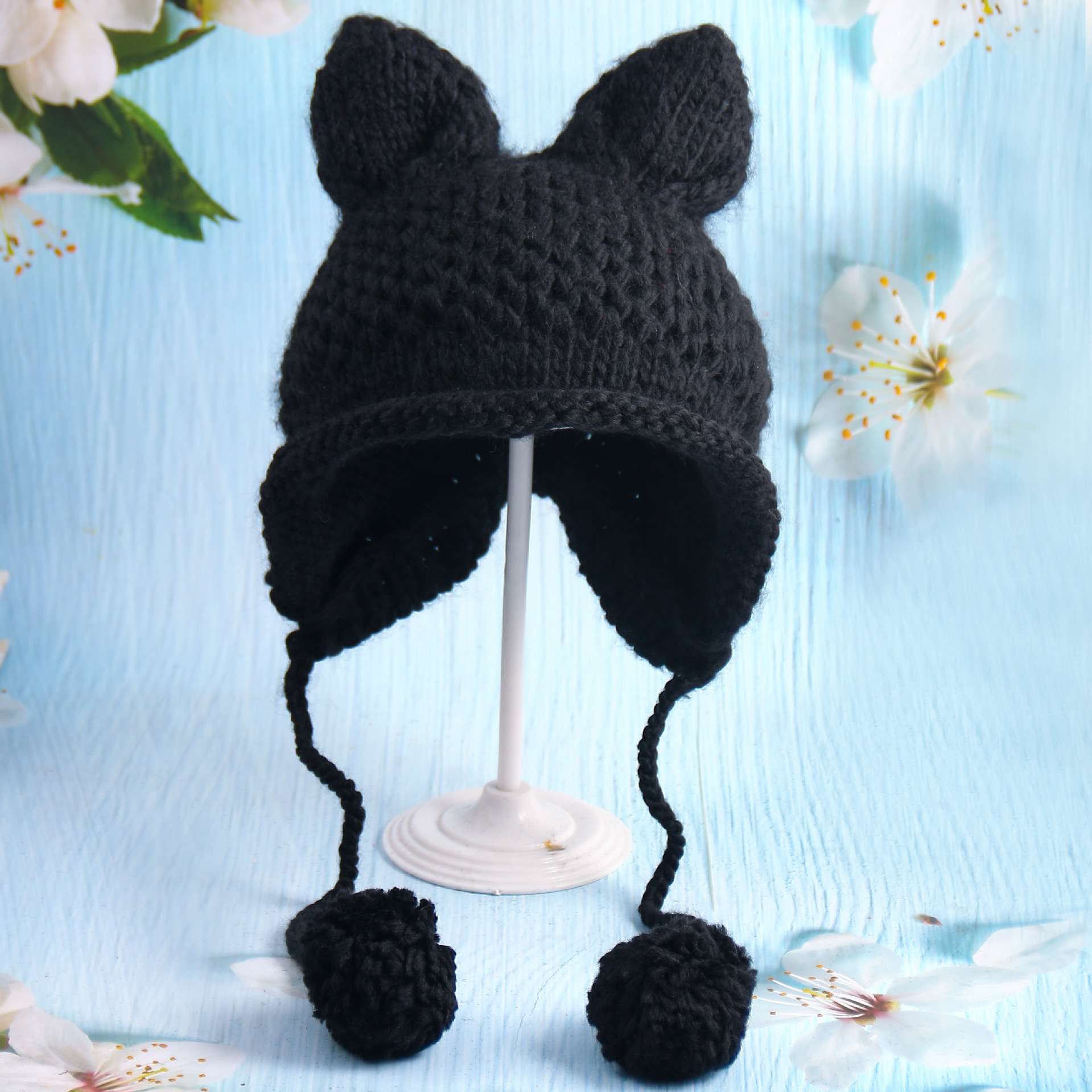 Cartoon Cat Ear Ball Knitted Hat