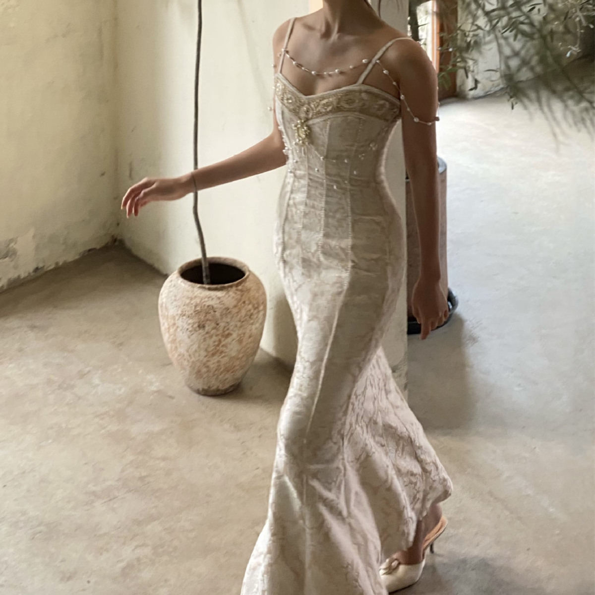 Beaded Embroidered Slip Dress With Back And Waist — image 1