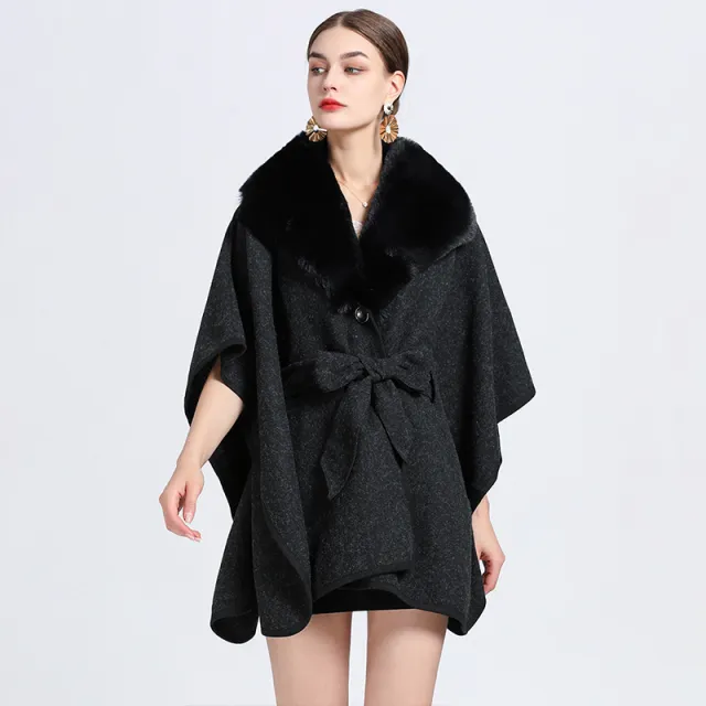 Faux Rex Rabbit Fur Collar Knit Shawl Cape Black - Shop at LoveMi