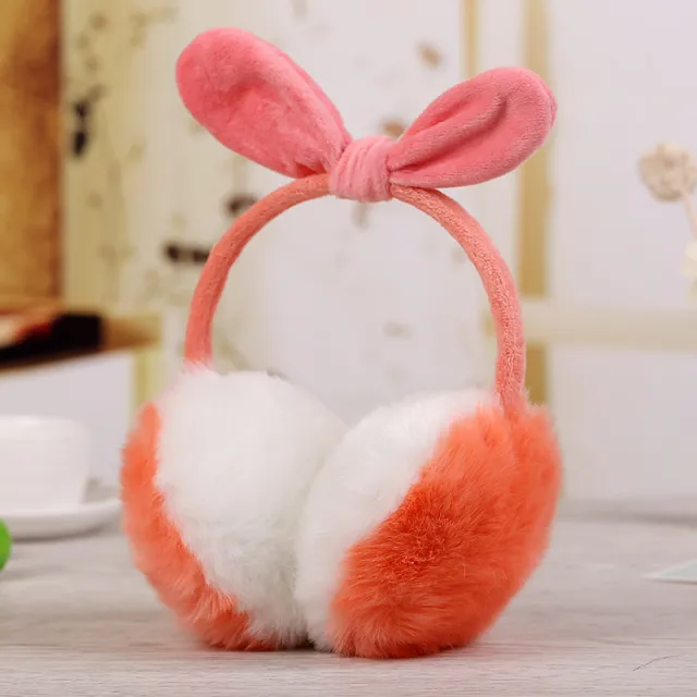 New Cute Rabbit Ears Bowknot Earmuffs For Ladies Winter Rabbit Fur Earmuffs Orange White - Shop at LoveMi