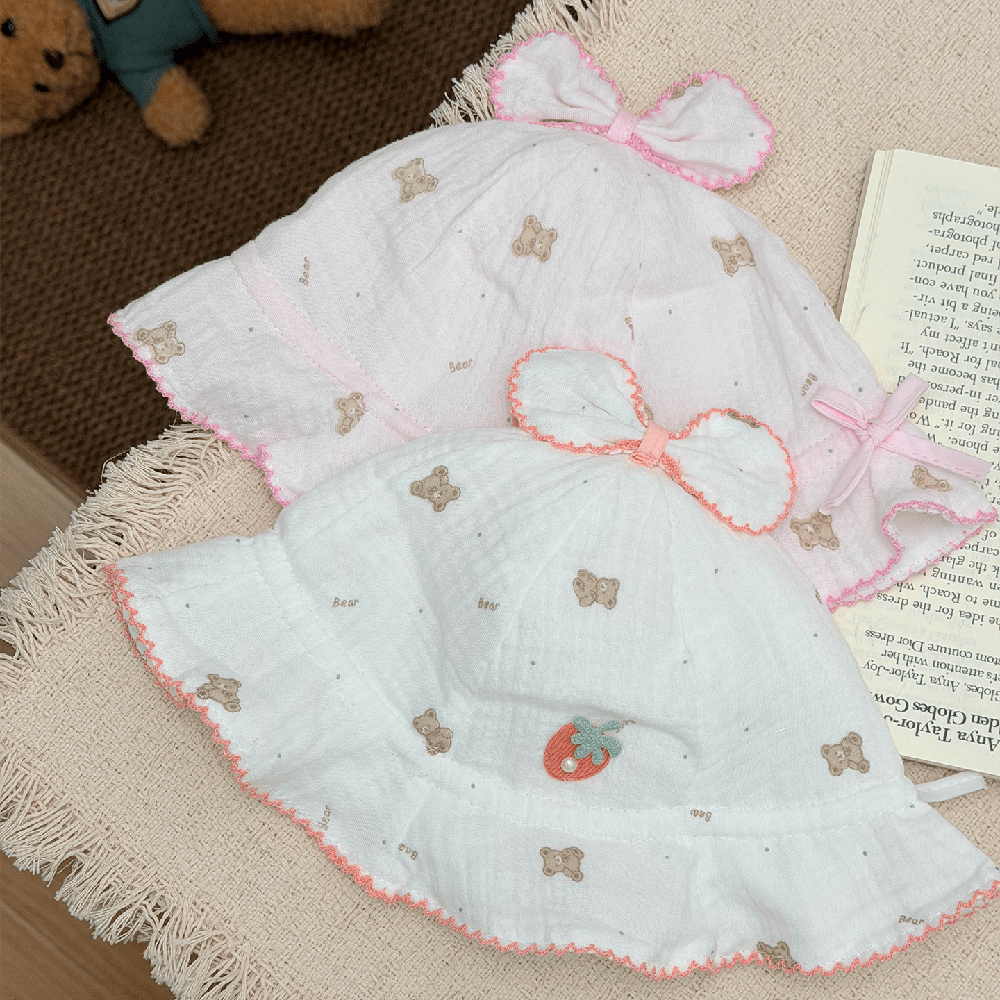 Summer Baby Bear Print Bow Hat With Frilled Brim And Strawberry Embroidery, A Comfortable And Cute Children's Style Boater Hat.