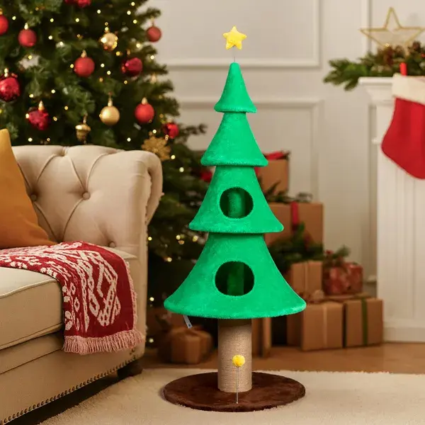 59in Large Tall Christmas Tree Cat Tower With 2 Cat Condos & Scratching Post, Soft Fleece Cat Tree With Teaser Toy & Sturdy Base & Built-in Openings For Indoor