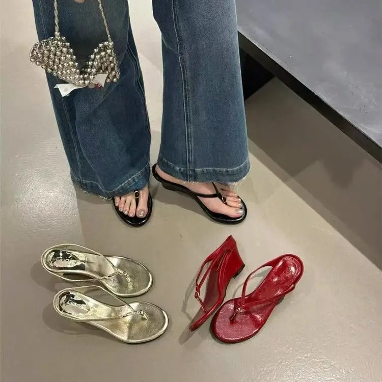 Women Y2K Thin Strap Wedge Heel Thong
