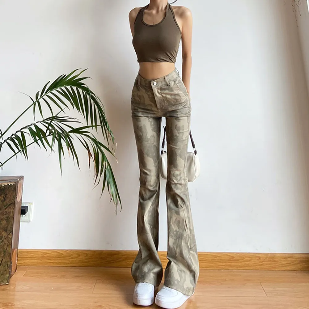 Women's Trendy Tie Dye High Waist Trousers Slim Fit - Green