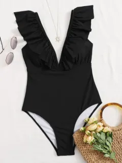 Pure Colour Pleated One-piece Swimsuit Fashionable Sexy Slim Bikini - Black - View 1