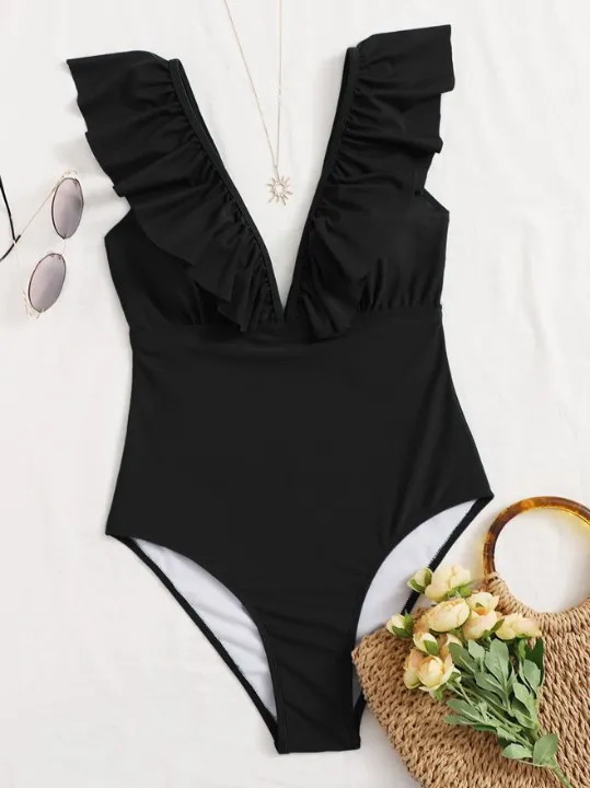 Pure Color Pleated One-piece Swimsuit Fashionable Sexy Slim Bikini - Black