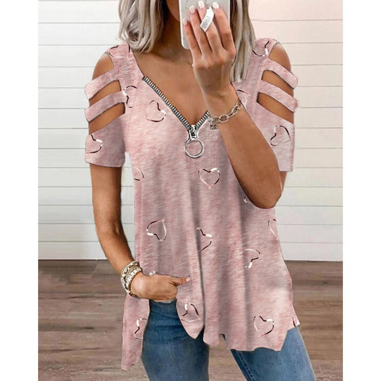 Title 7, V-neck Zipper Printing Short-sleeved Loose Casu...