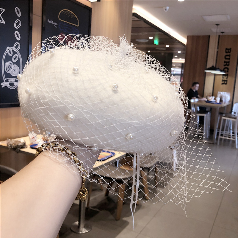 Woolen Pearl Mesh Beret Women's British Retro Hat White - Shop at LoveMi