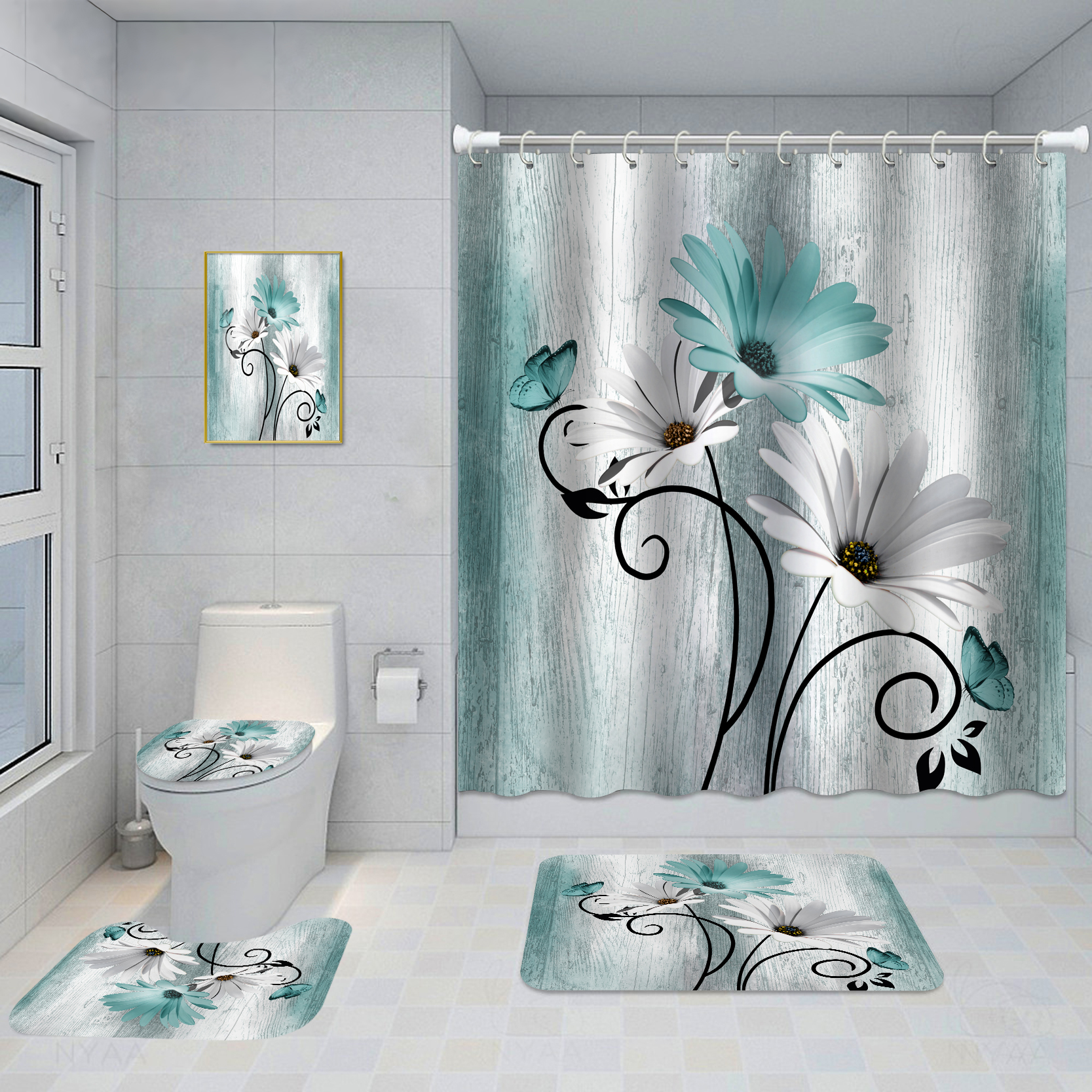 Bathroom Five-piece Set, Shower Curtain, Three-piece Mat Set, Aluminum Alloy Decorative Painting