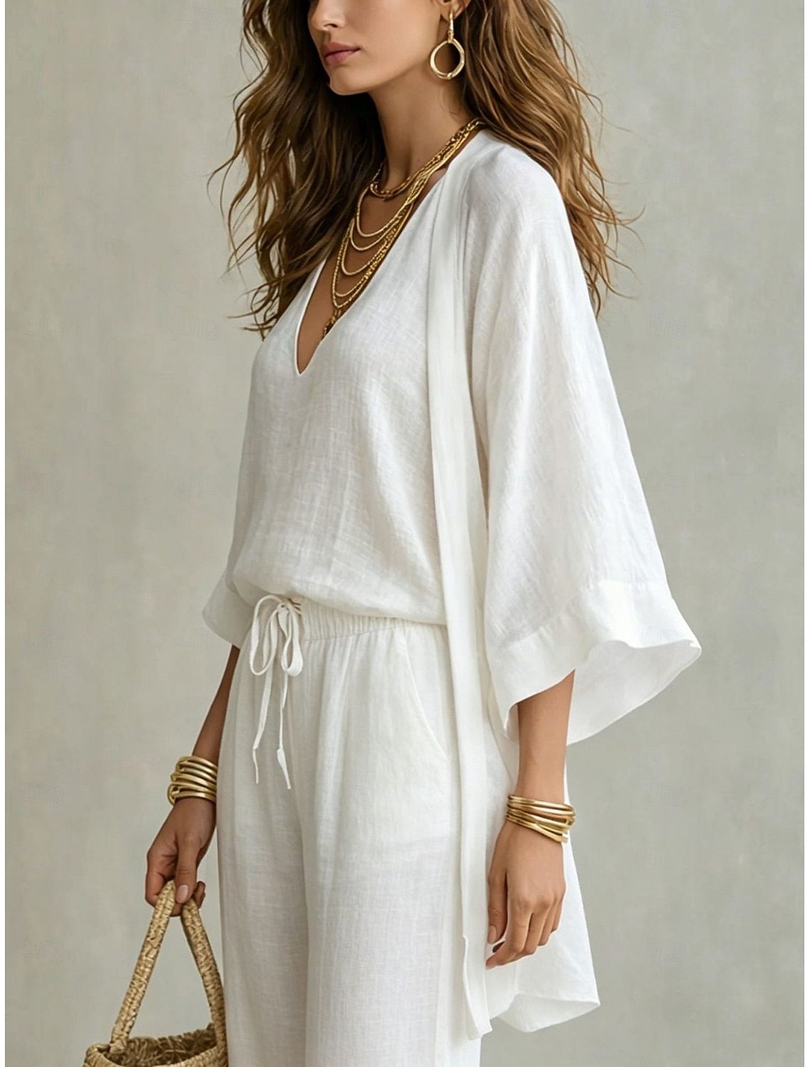 Women's Casual 3 Piece Outfit V-Neck Cami Top Open Front Cardigan And Drawstring Wide Leg Pants Set For Summer 4