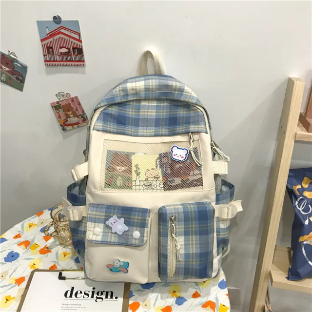 Women's Fashion Casual Plaid School Bag Backpack Blue - Shop at LoveMi