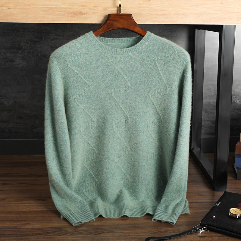 Pure Cashmere Sweater Men's Round Neck Jacquard Pullover Sweater Green - Shop at LoveMi