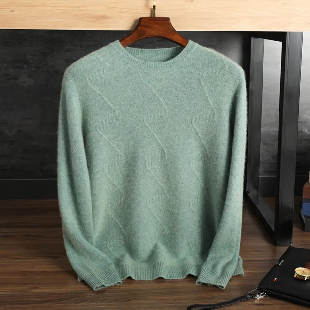 Pure Cashmere Sweater Men's Round Neck Jacquard Pullover Sweater Green - Shop at LoveMi