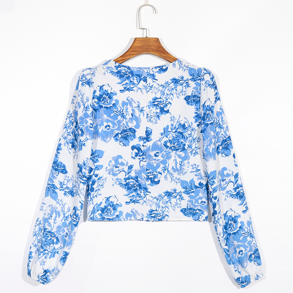 Summer Vacation V-Neck Blue And White Porcelain Print Shirt