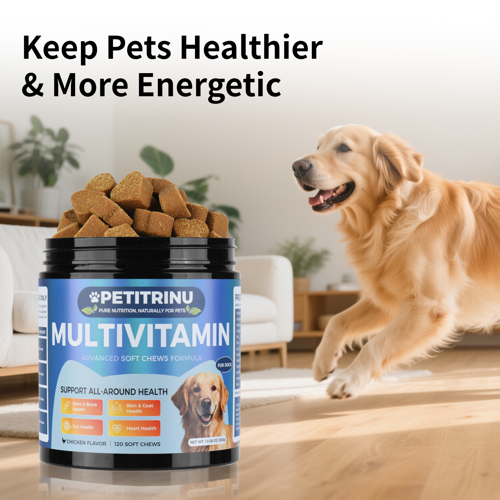 PETITRINU Dog Multivitamin Soft Chews, Chicken Flavor 120 Count, Support Joint & Bone, Skin & Coat, Gut, Heart All-Around Health For Dogs