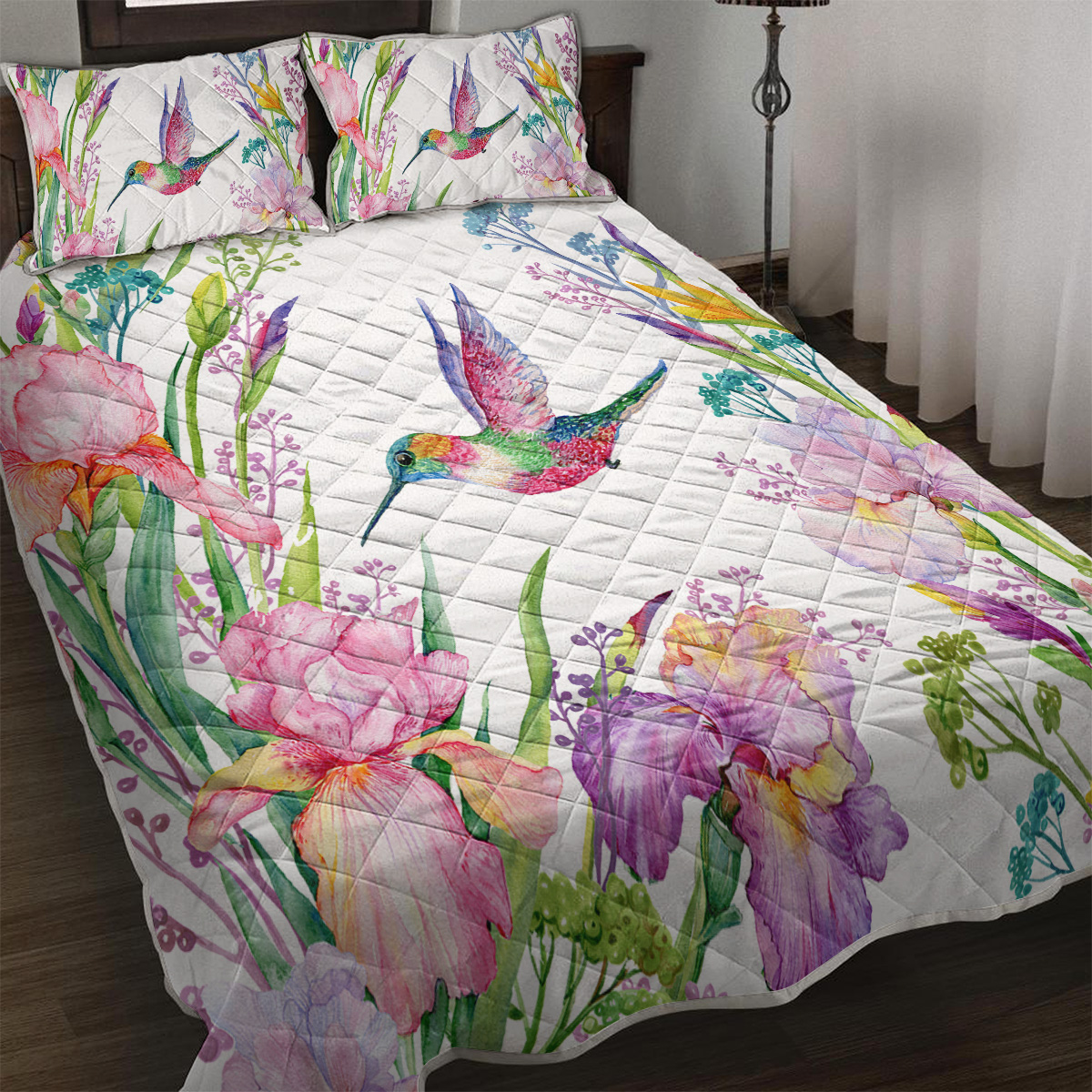 Hummingbird Pattern Quilt Set Microfiber Soft Lightweight Tropical Bird Bedding Set, 1 Quilt With 2 Pillowcases