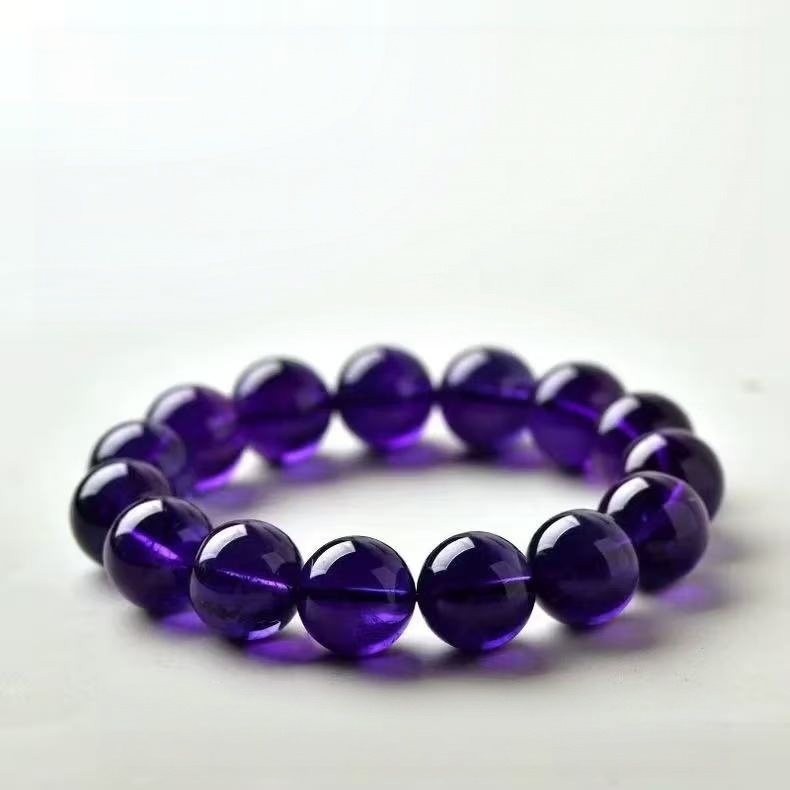 Natural Dark Amethyst Bracelet Uruguayan Amethyst Round Beaded Chain Unisex Energy Jewelry