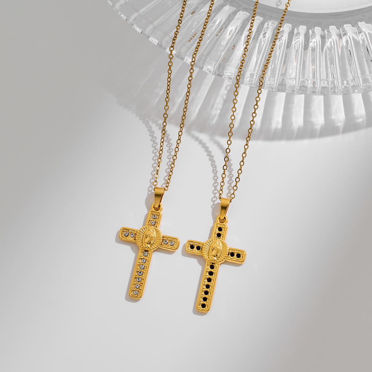Stainless Steel Cross Pendant Necklace With Rhinestone Inlay