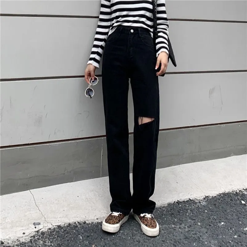 High Waist Slimming Holes Tasseled Jeans - Black And Belt