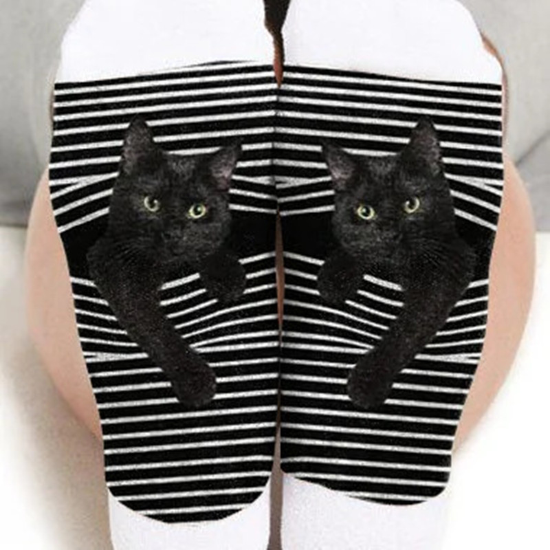 Men's Fashion Black And White Striped Animal Cat Print Socks