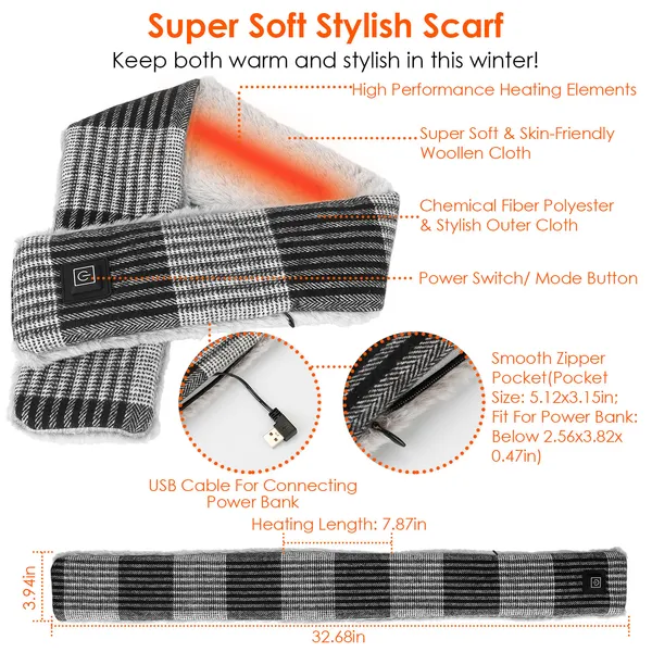 Electric Heated Scarf USB Heating Neck Wrap Unisex Winter Heated