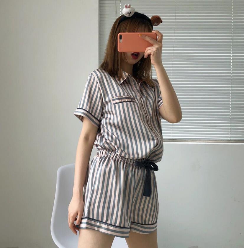 Title 6, Striped Printed Short-sleeved Shorts Set Satin ...