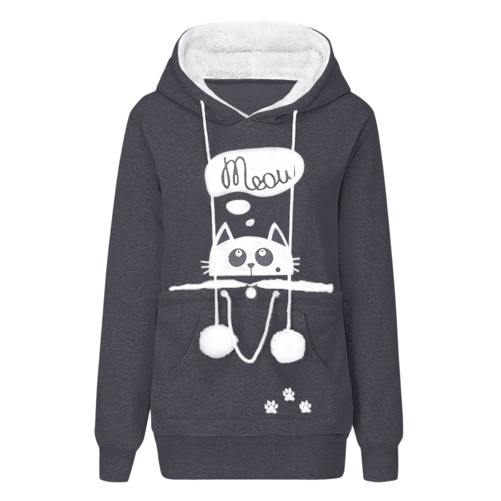 Women Casual Cat Print Long Sleeve Hoodie With A Big Pocket For Pets - Picture 6 of 7