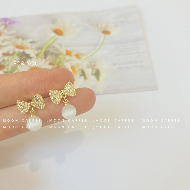 Silver Needle Pearl Bow Earrings Women's New Trend