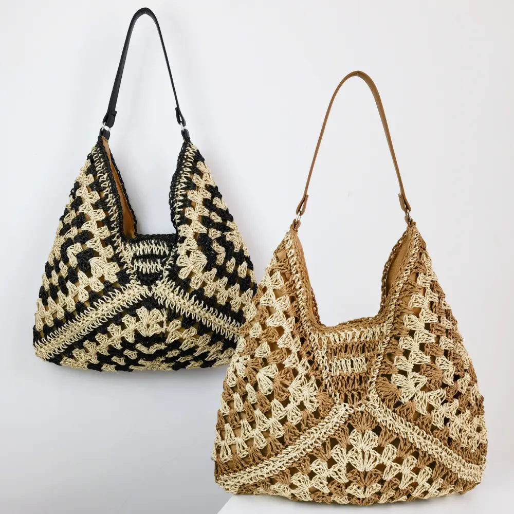Women's Fashion Handmade Straw Woven Hollow Contrast Color Weave