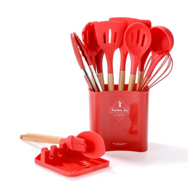 Kitchen Wooden Handle Kitchenware Set With Storage Square Bucket Red - Shop at LoveMi