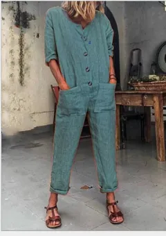 Pocket Long Sleeve Solid Colour Jumpsuit - Grey - View 1