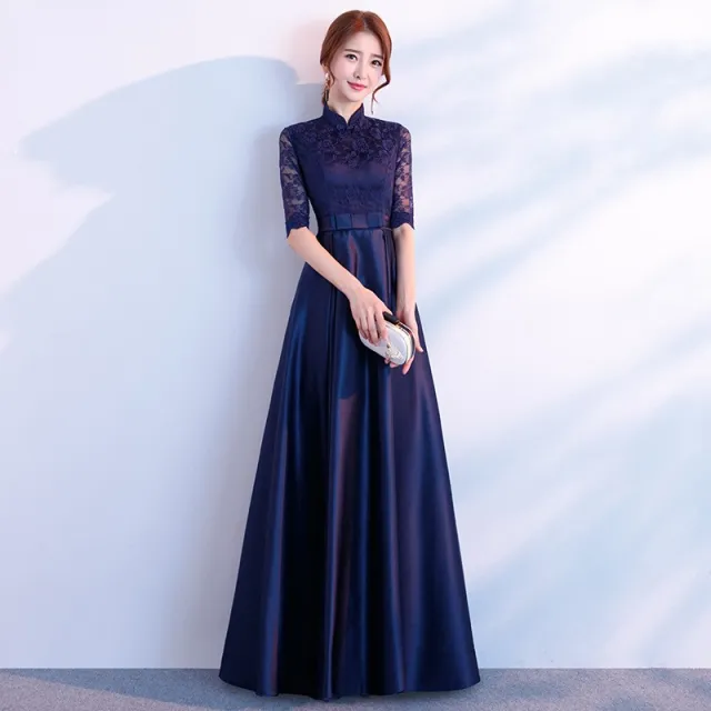 The End Elegant Long Sleeve Thin Company Annual Meeting Black Dress Dress Long Section Stand Up Collar Navy Long - Shop at LoveMi