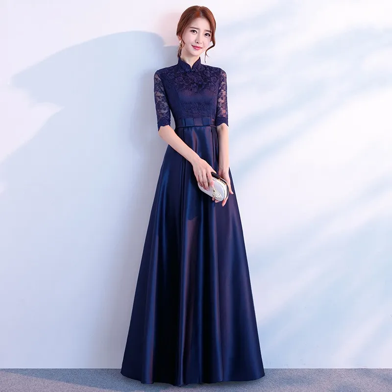 The End Elegant Long Sleeve Thin Company Annual Meeting Black Dress Dress Long Section - Stand Up Collar Navy Long
